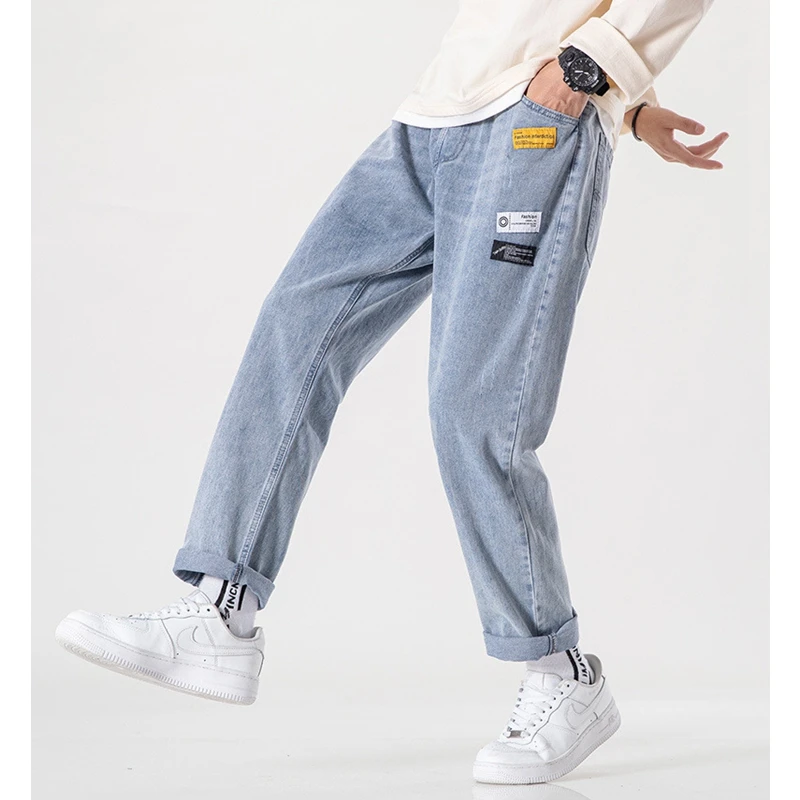 Men Jeans Streetwear Vintage Jeans Summer Solid Loose Jeans Korean Style Jeans Men's Lace-up Mid-Waist Denim Straight-Leg Pants