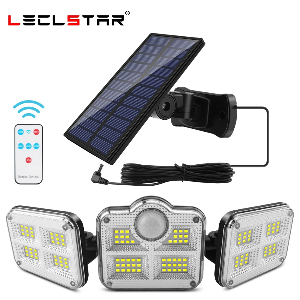 

Уличный светильник на солнечной батарее, 122, светодиодный, IP65, водонепроницаемый датчик движения, 3 режима, 3 головки, суперъяркая настенная л...