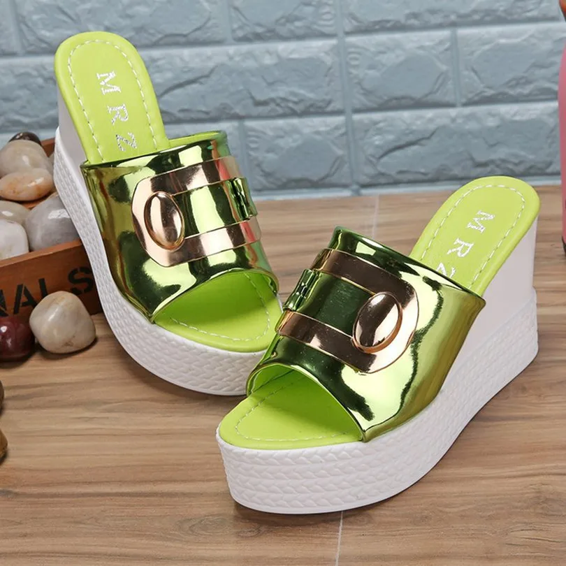 Summer Slippers For Women Party Shoes Thick Platform PU Outside Pumps Peep-toe Female Heeled Shoes  9cm High Heels Woman Slides