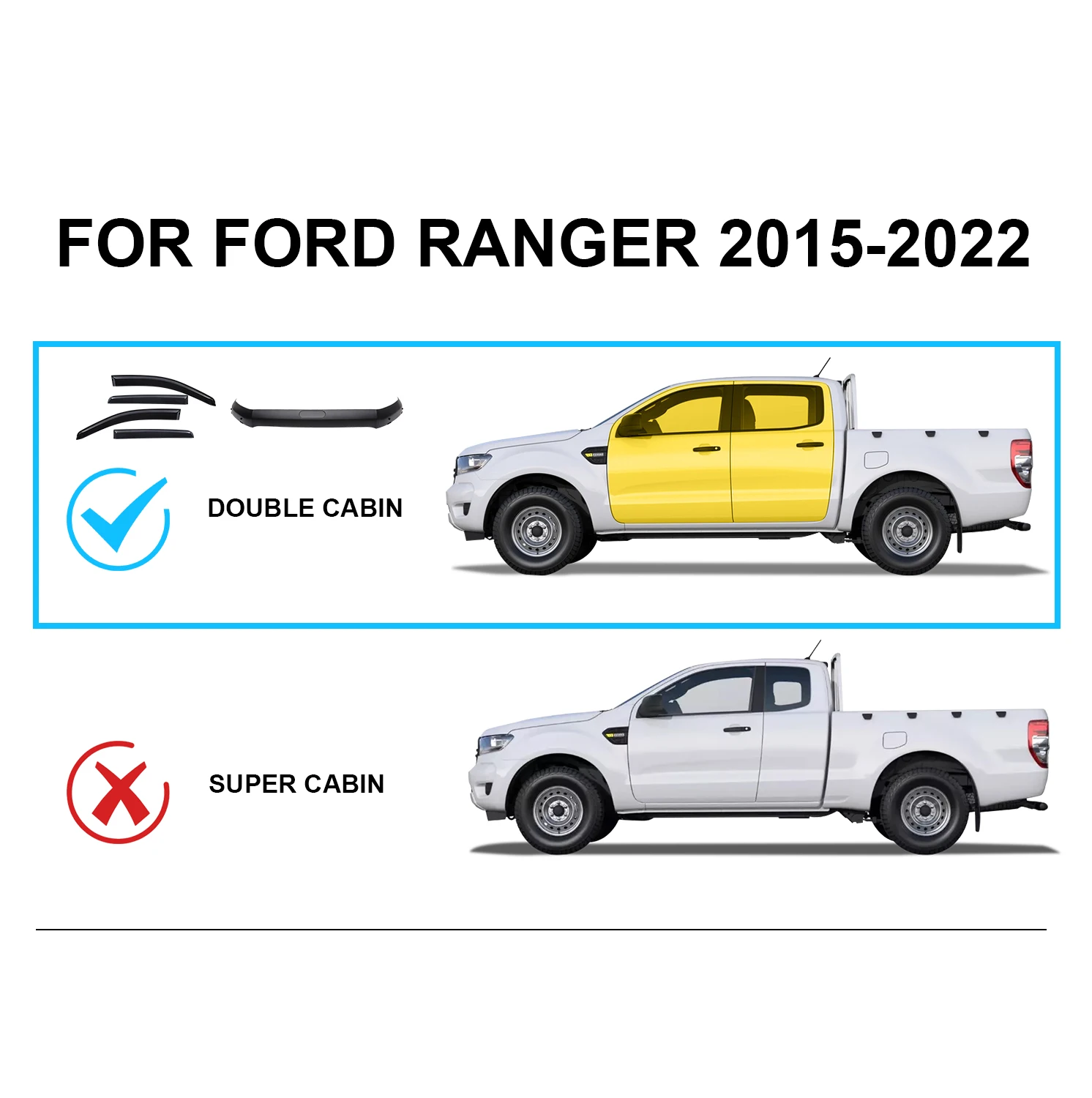 Набор ветровых щитков для оконного козырька + комплект защиты капота Ford Ranger T7 T8