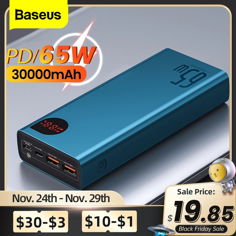 Baseus PD 65W Power Bank 30000mAh QC4.0 caricabatteria esterno di ricarica portatile PowerBank per iPhone Xiaomi Macbook PoverBank