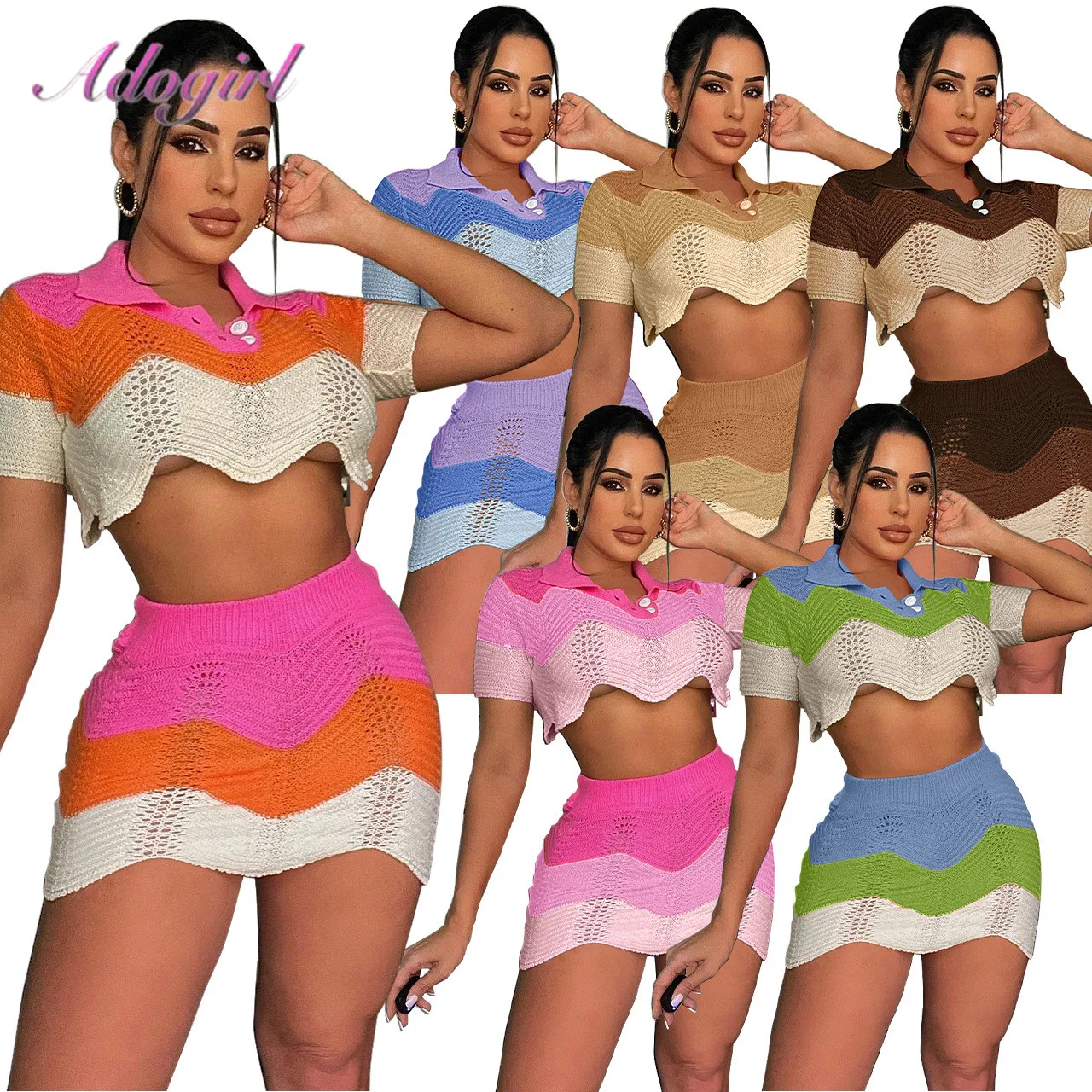 

Knitted Stitching Summer Two Piece Set Women Dress 2022 Casual Short Sleeve Crop Top Mini Skirt Suit Sexy Outfit Party Club Suit