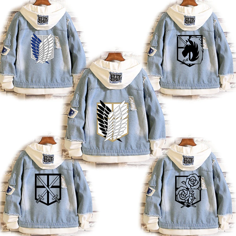 

2020 Attack on Titan Jeans Jacket Scout Regiment Cosplay Denim Jacket Autumn Eren Jager Hooded Sweatshirt Outwear Coat