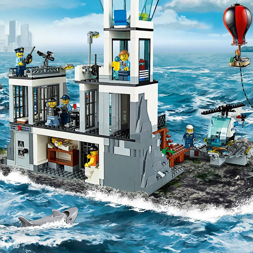 

Строительные блоки серии «Военный Город», морской тюремный остров, полицейская станция, Мужская игрушка, сборные строительные блоки, подар...