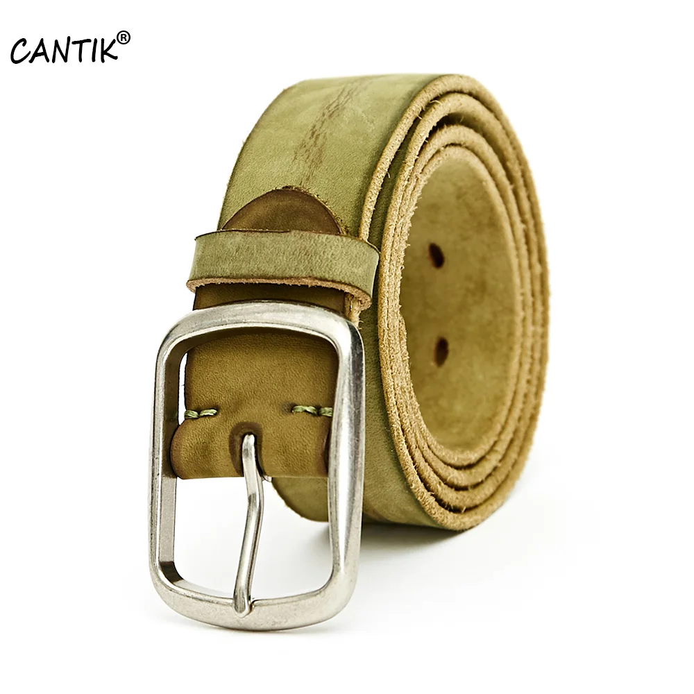 CANTIK Men's Retro Model Pin Buckle Male Jeans Accessories Top Quality Cow Genuine Green Leather Belts for Men 38mm Width 507-1