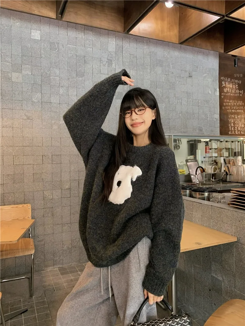Серый плюшевый свитер с круглым вырезом Pphome Puppy женский осенне-зимний корейской