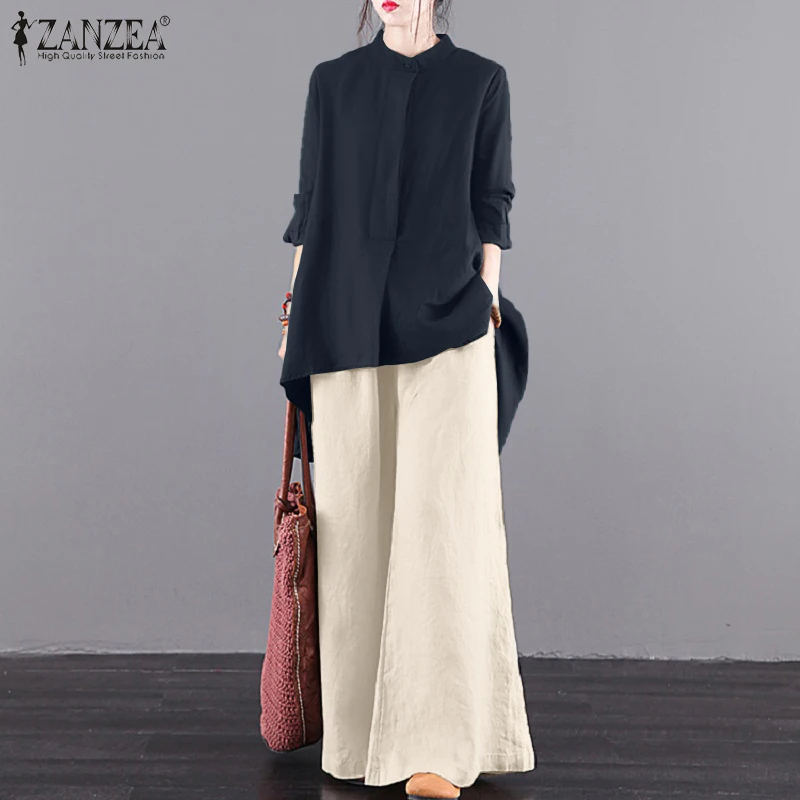 

Vintage Women Wide Leg Pants Sets Spring Elegant Long Sleeve Blouse Suits ZANZEA 2PCS Urban Tracksuit Solid Loose Matching Sets
