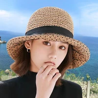 summer women natural raffia hats girl ribbon floppy shading sun foldable bohemian seaside lace vacation travel beach straw hat