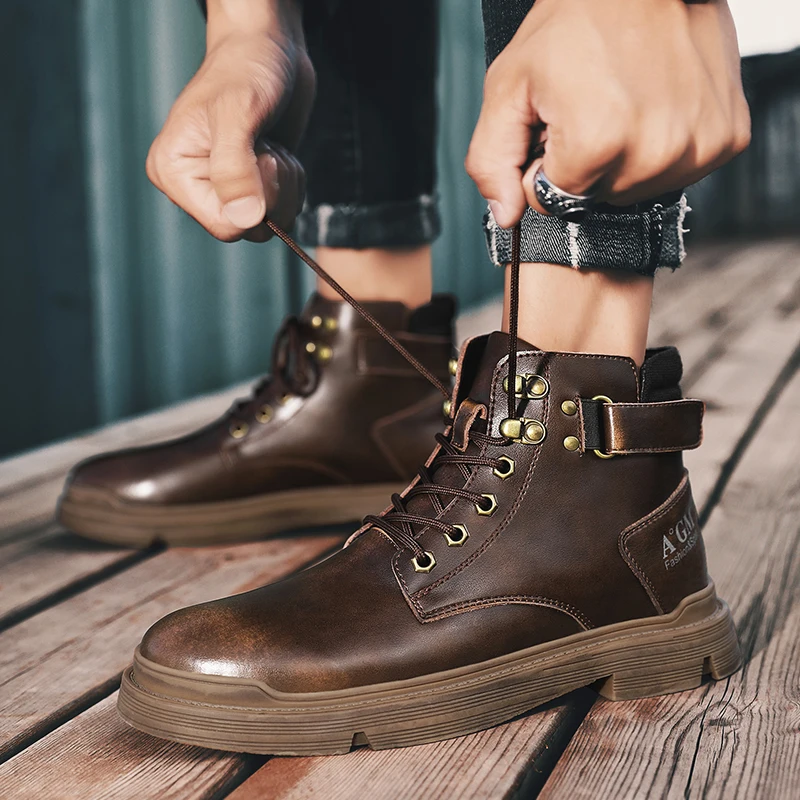 

Popular Casual Boots Men Black Brown Leather Cowboy Boots For Mens Fashion Tactical Shoes Men Hard-Wearing Working Boots Man