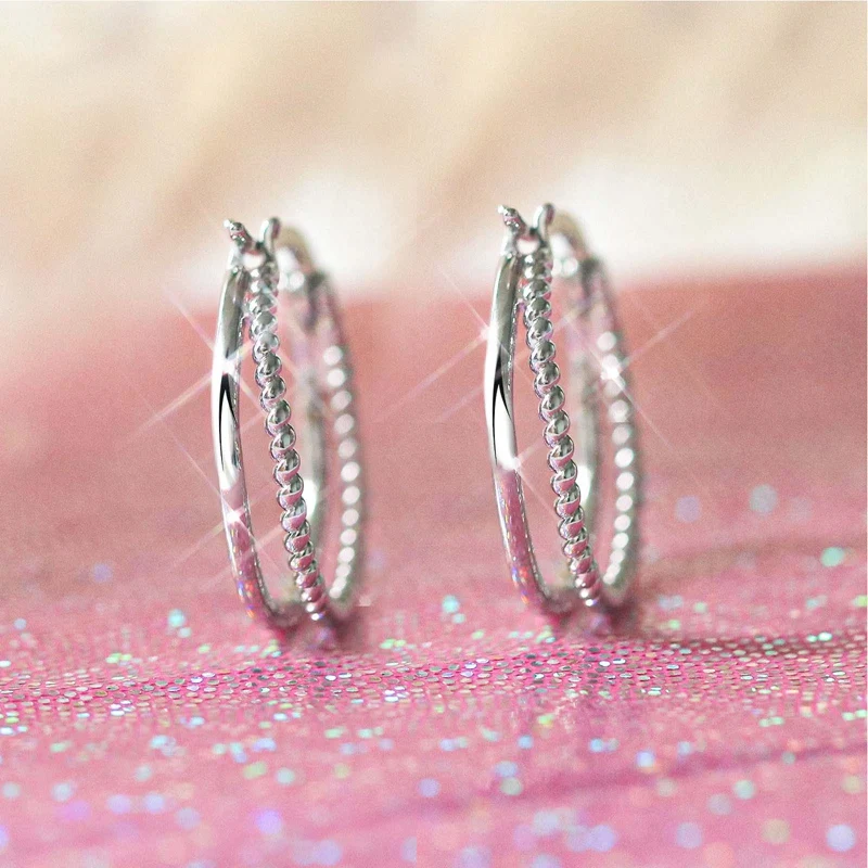 

Elegant Double Circle Silver Color Twisted Hoop Earrings for Women Charming Banquet Party Jewelry Bridal Wedding Engagement Gift