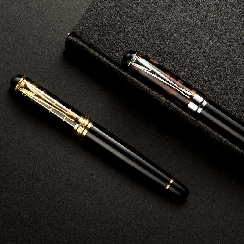 Фото Перьевая ручка HUASHILAI Black Resin 0.5 F с золотым зажимом и гравировкой, карманная, портативная, для практики каллиграфии №4