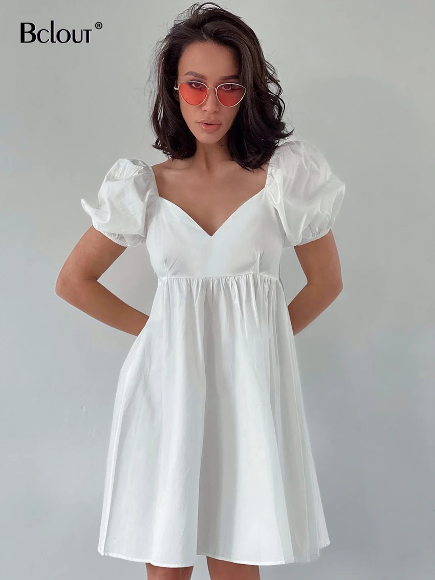 

Элегантное Белое Женское платье Bclout с V-образным вырезом и пышными рукавами, плиссированные платья-трапеции, летние повседневные праздничн...