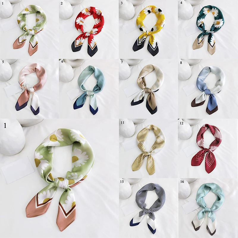 

Spring Summer Decorative Scarves 70*70cm Small Scarfs Gift For Lady Silk Satin Kerchief Floral Print Bandana Hair Scarf Shawls