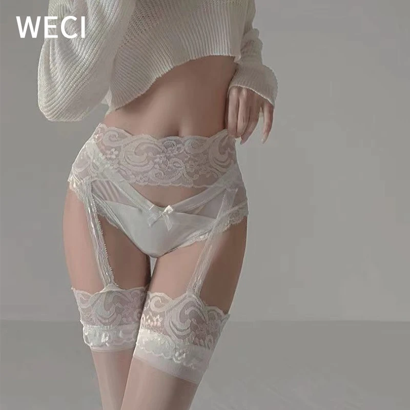 

Женские белые кружевные пикантные чулки WECI, высокие чулки до бедра, Шелковые Тонкие Открытые колготки выше колена с вырезами