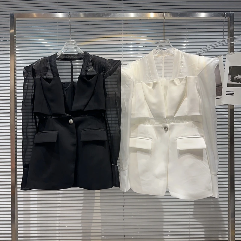 2023 Spring and Summer New Socialite Mesh Stitching Long Sleeves Padded Shoulder Solid-Colored Sun Protection Suit Jacket Women