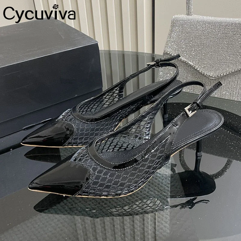 

Дизайнерские сетчатые сандалии с вырезами, женская прозрачная обувь из ПВХ с острым носком, мюли на высоком каблуке, летняя сексуальная женская обувь для банкета, женские сандалии