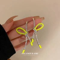 personality contrasted neon color bowknot long drop earrings for women shinning rhinestone knotted earring korean daily jewelry