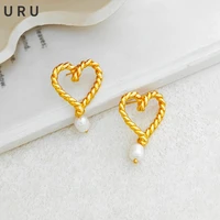 modern jewelry metal texture heart earrings high quality brass thick plated golden natural pearl drop earrings for women gift