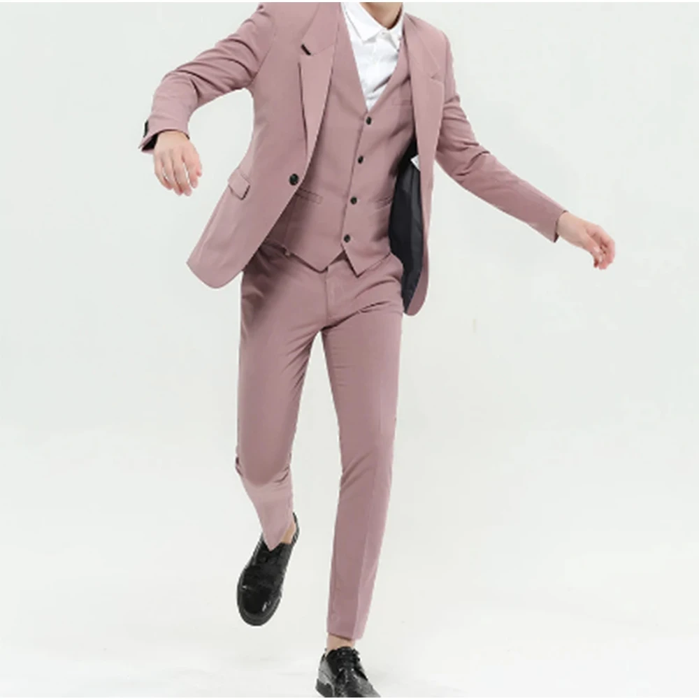 Pink Mens Suits Groom Tuxedos Groomsmen Men Suit Wedding Party Suit Costume Homme Best Man Wear 3 Pieces Suit(Jacket+Pants+Vest)