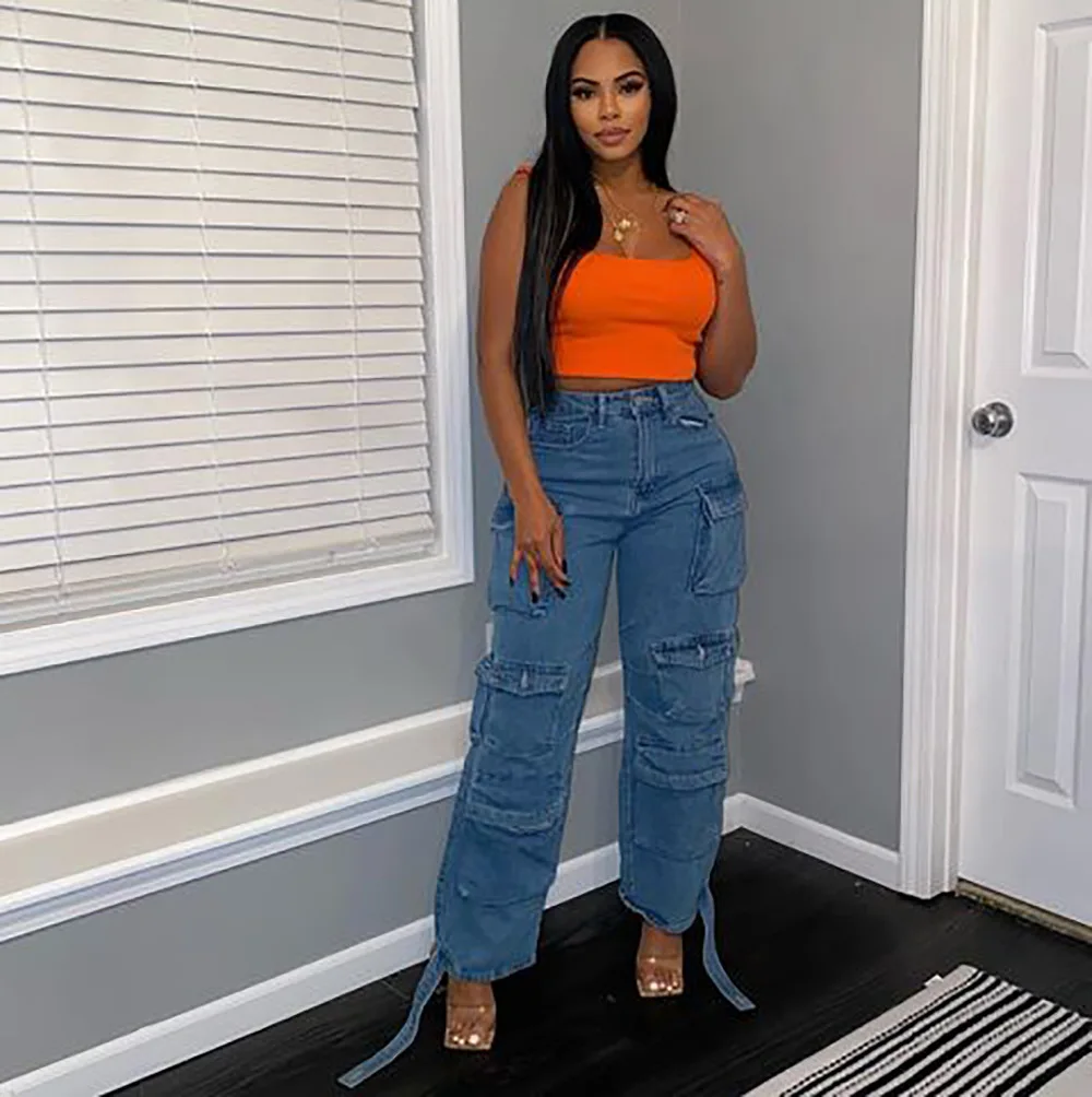 

Женские модные прямые джинсовые брюки с карманами, джинсы на шнуровке с завышенной талией, джинсы в стиле INS сафари, джинсы-карго с широкими штанинами, уличная одежда, 2023