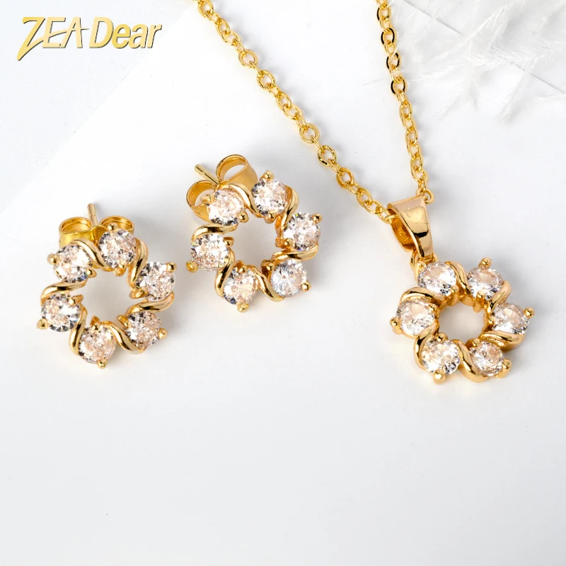 

ZEADear Jewelry Copper Gold Plated Cubic Zirconia Flower Pendant Necklace Earrings Set For Gifts Women Wife Mom Daughter