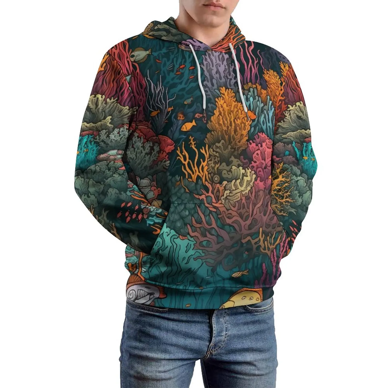 

Tropical Marine Loose Hoodies Coral Reef Print Casual Hoodie Man Long-Sleeve Aesthetic Graphic Sweatshirts Plus Size 5XL 6XL