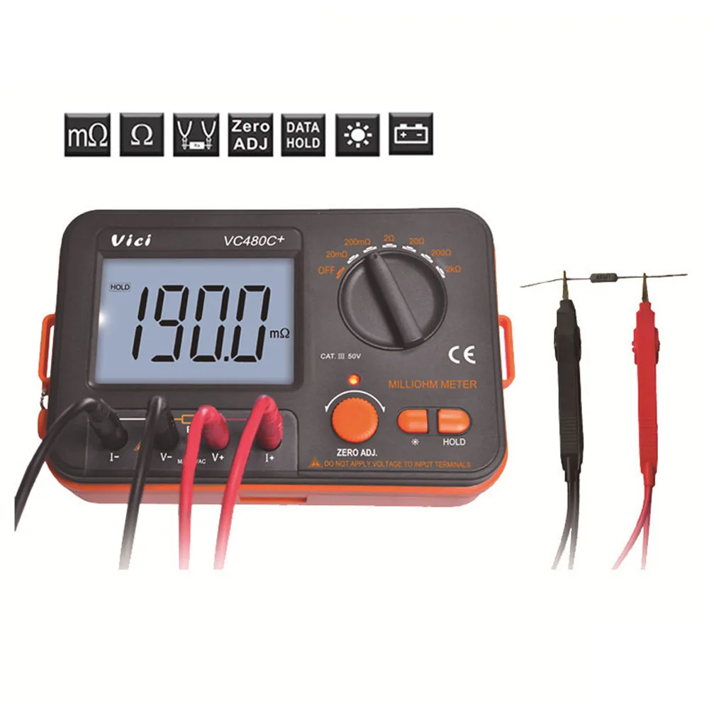 

Digital Milli-ohm Meter VC480C+ LCD Backlit 4 Wire Low Resistance Multimeter 6 Range Accuracy Meter 0.01mΩ-2kΩ with Test Clip