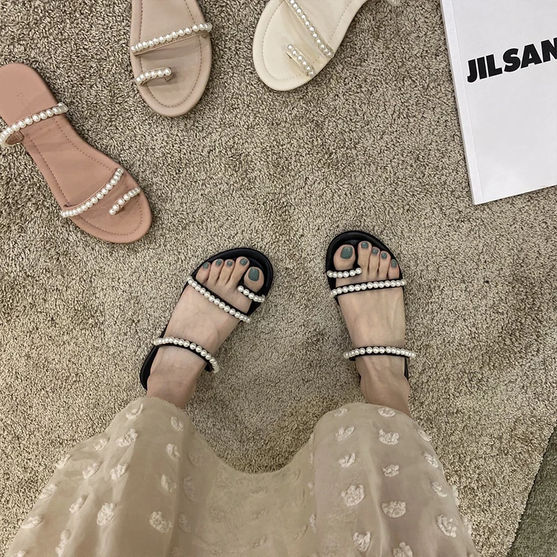 

Shoes String Bead Woman's Slippers Rubber Flip Flops Low Luxury Slides 2022 Flat Hawaiian Designer Summer PU Rome Basic String B