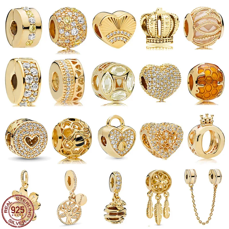 

Gold color series 925 sterling silver dream catcher heart-shaped pendant fit original Pandora bracelet DIY design jewelry