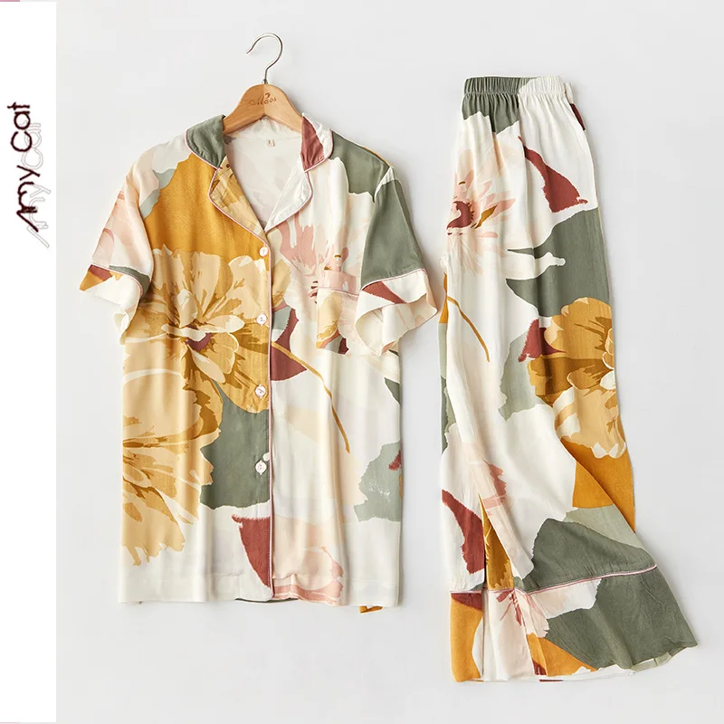 2022 New Spring Summer Satin-like Cotton Pajamas Set Women High Quality Pint Cardigan Homewear Full Sleeve Night Sleep Pants