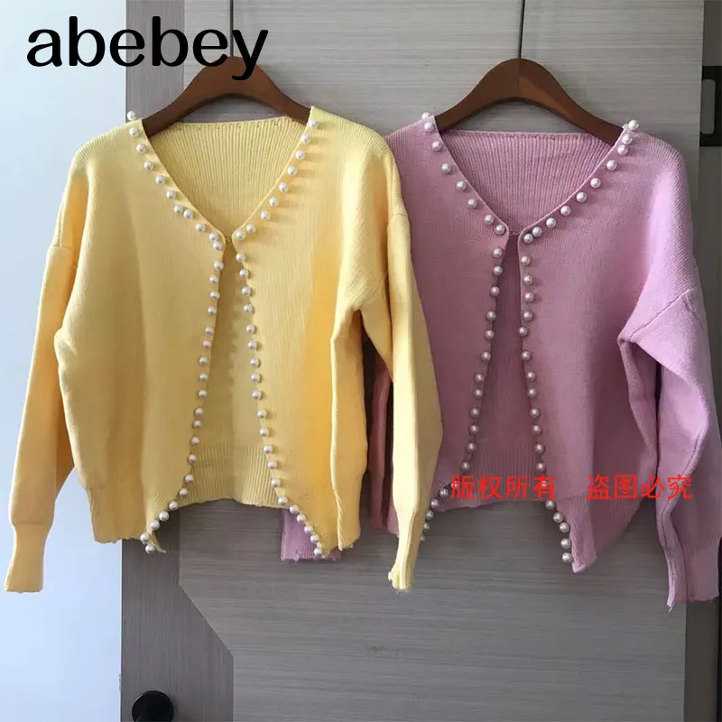 

2021 New Fashion Korean Jackets Pearls Cardigan Batwing Sleeve Wool Knit Vintage Women's Coat High Quality Jacket