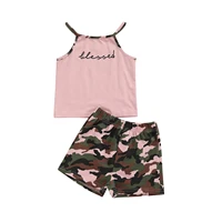 kids baby girls 2pcs camouflage clothes set letter print sleeveless o neck cropped tops short pants set for summer