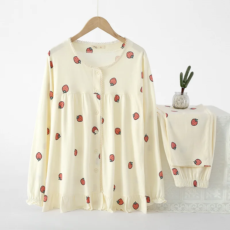 

Japanese Ladies Strawberry Pyjamas Women Spring and Autumn Knitted Cotton Long-sleeved Homewear Suit Cardigan Simple Pajamas