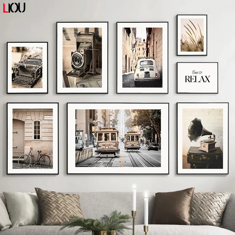 Настенная живопись винтажная камера проигрыватель записей велосипед машинка в