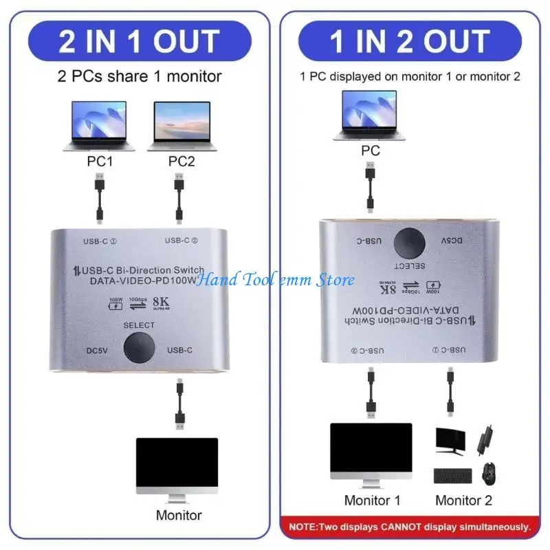 Фото H37F Двунаправленный коммутатор USB C 8K для 2 компьютеров с быстрой зарядкой 100 Вт, передача данных 10 Гбит/с, идеально для на №3