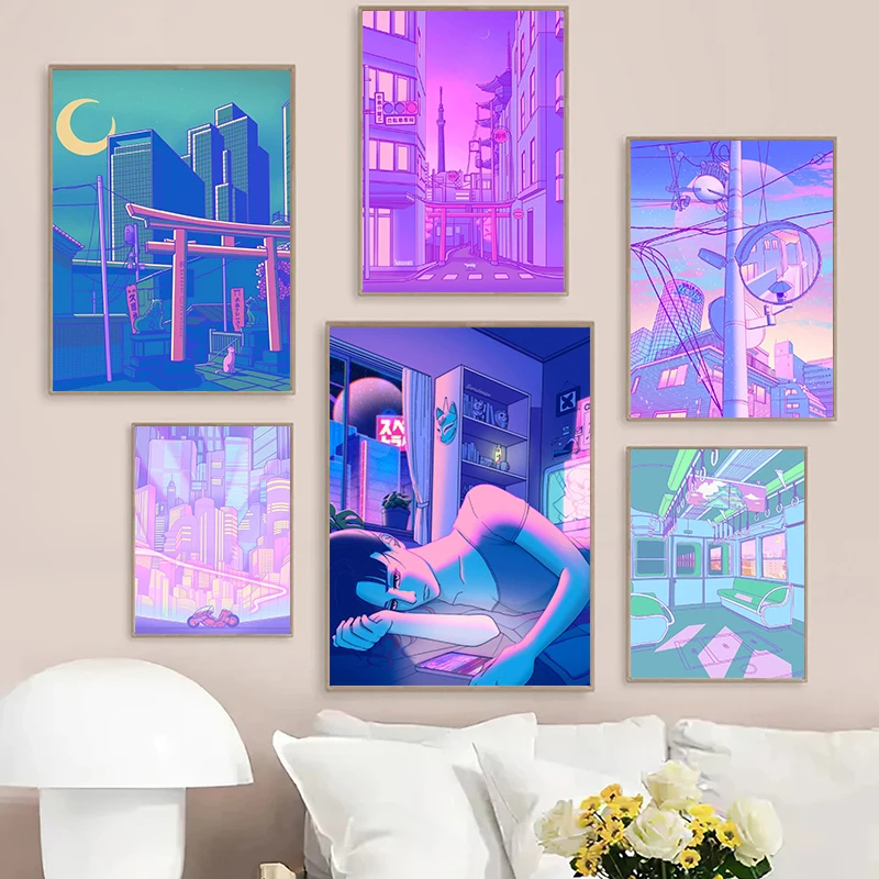 

Постер «Ночной город» в стиле поп киоту, башня Осака, городская улица, полуночная звезда, искусство стен, домашний кавайный декор для комнаты, Холщовый постер