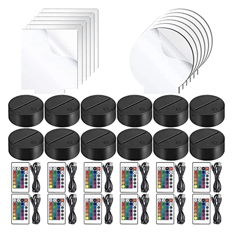 

12 Sets 3D Night LED Light Lamp Bases Adjustable 16 Colors 4 Modes Acrylic Lamp Base For Restaurant Room (Round+Square)