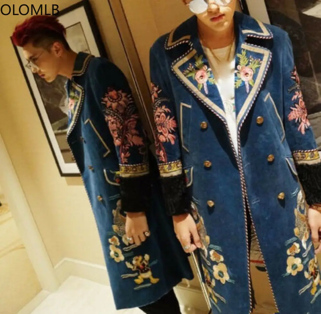 

Court Style Mens Retro Long Wool Blended Parka Coat Slim Embroidered Floral Lion Party Perform Outwear Luxury Windbreaker New