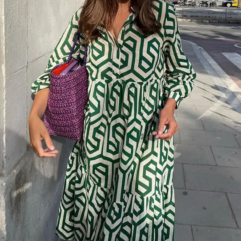 

Print Maxi Dress Summer Casual Turn-down Collar Long Sleeve Long Dress Female Boho Beach Shirt