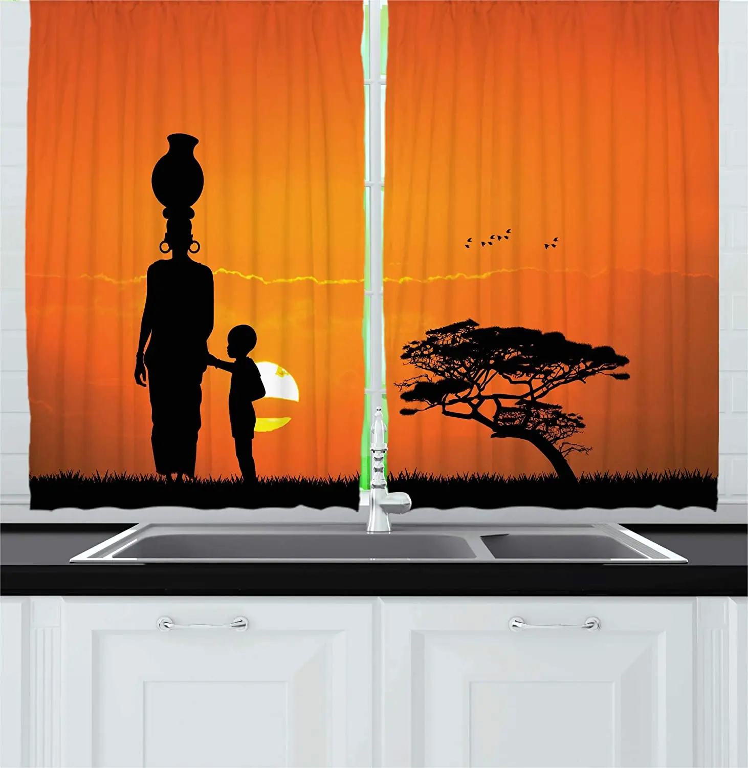 

Blackout Curtains Child and Mother At Sunset In The Curtains of The Kitchen Cafe In Savannah Desert Kenya Illustration