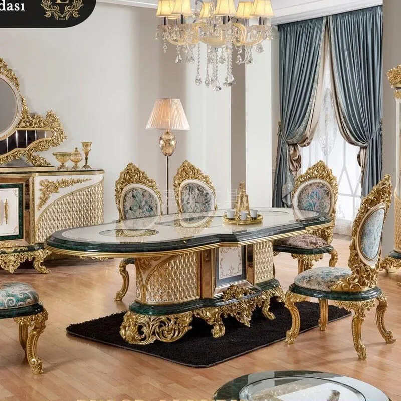 

Деревянный обеденный стол и стулья в европейском стиле под заказ, Роскошная золотая фольга, резная итальянская роспись
