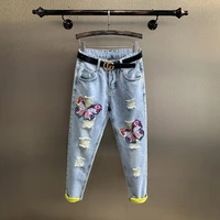 lyfzous women colorful butterfly sequins jeans blue casual streetwear hole slim denim pencil pants ladies yellow lining trousers
