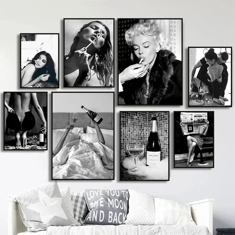 

Black and White Sexy Woman Drinking Champagne Smoking Eat Pasta Poster Vintage Photography Picture Canvas Paintings Home Decor