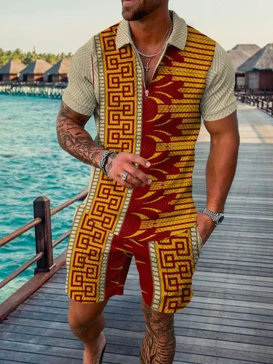 

New Men's Athleisure Short Sleeve Zipper Polo Shirt Shorts Set Piece Set 2 Summer New Men's Cotton Short Sleeve T-Shirt + Shorts