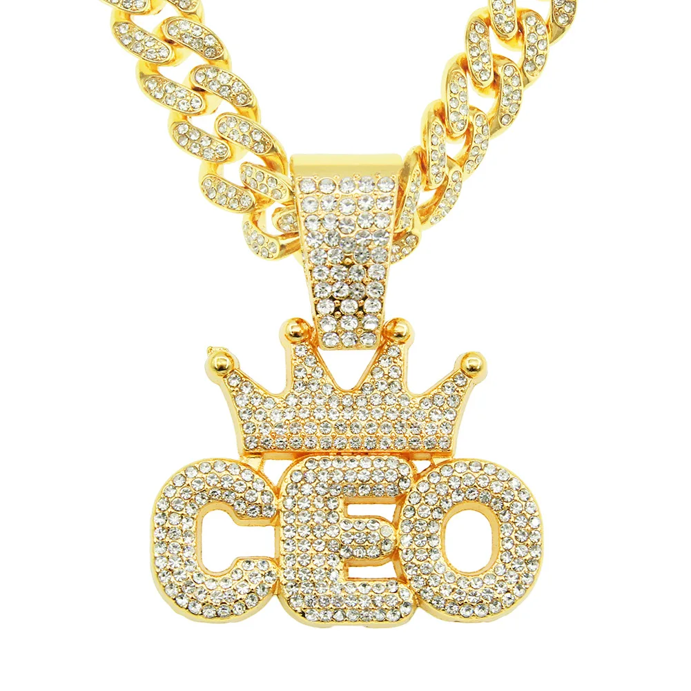 

ins Hip hop full Diamond Crown ceo alphabet pendant Cuban necklace Hipster men's street dance street nightclub accessories