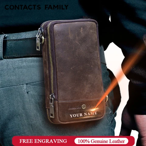 CONTACT'S FAMILY Кожаная винтажная мужская поясная сумка для телефона для iPhone 16, 15, 14, 13 Pro Max, поясной ремень, дорожная сумка, чехол для мобильного телефона