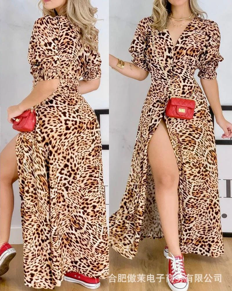 

2022 Fashion New Women's Summer Leopard Print Puff Sleeve Nipped Waist Shirt Dress Female & Lady High Waist Casual Party Dresses