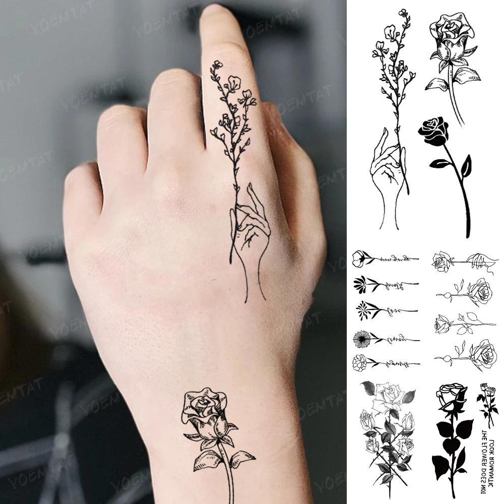 

3D Water Transfer Tattoo Sticker Finger Line Cute Rose Peony Black Cool Temporary Tatto Flash Body Art Fake Tatoo Men Women Kid