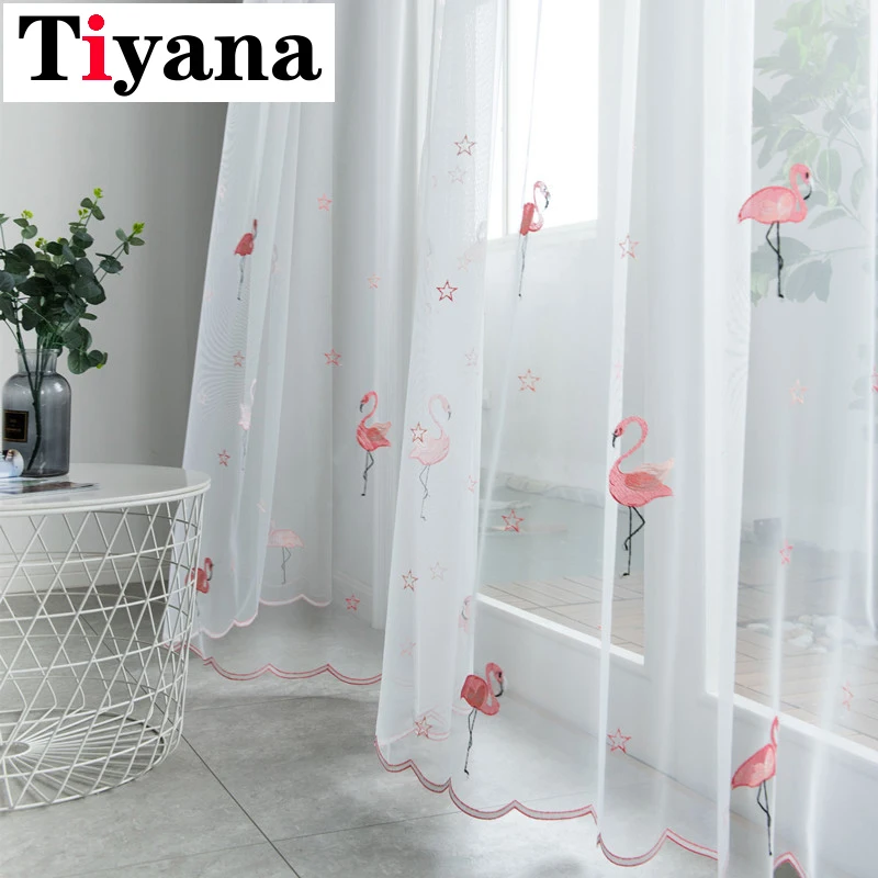 

Cartoon Embroidery Pink Flamingo Sheer Tulle Living Room Curtains For Kids Girl Bedroom Kitchen Windows Voile Drapes Rideaux