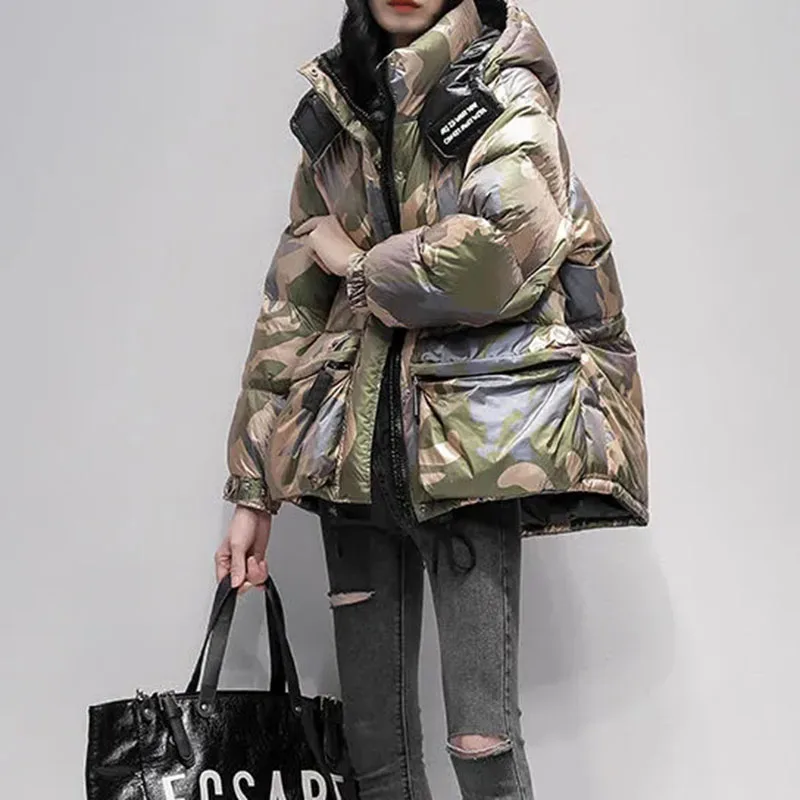 

New Women's Korean Camouflage 90% White Duck Down Coat Winter Cocoon Cold Down Jacket Female Casual Snow Hooded Parker Outerwear